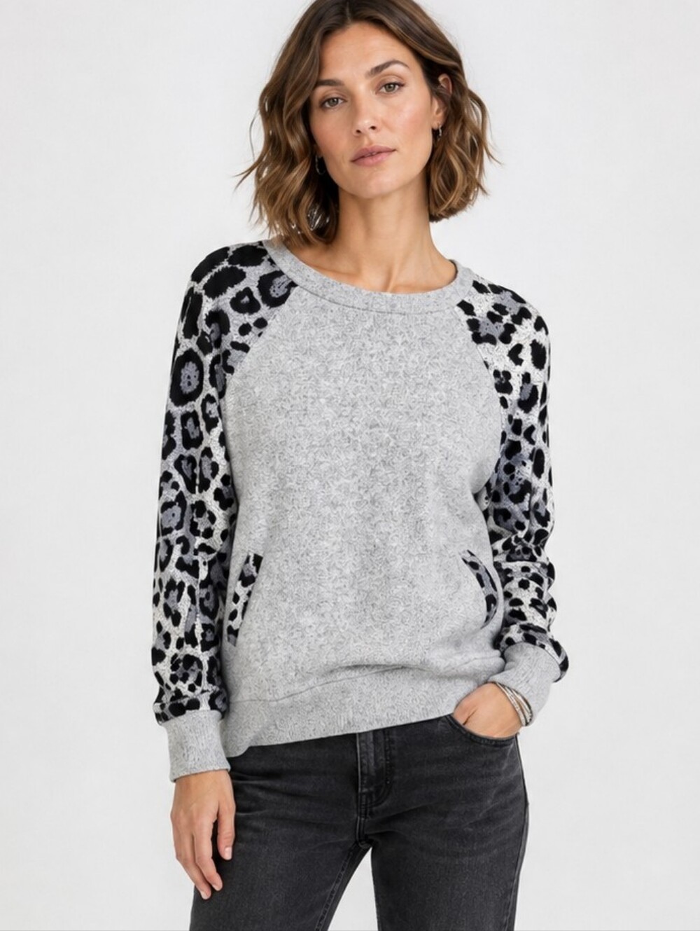 Apricot Gray Knit Animal Print Top